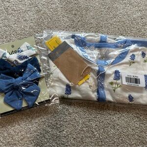 Kyte Baby 6-12 Month Bluebonnet Long Sleeve Snap Romper + 3pk Bow Headbands -NWT